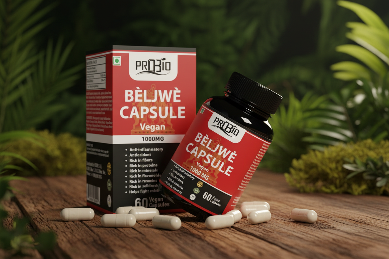 Close-up of BÈLJWÈ bottle with capsules