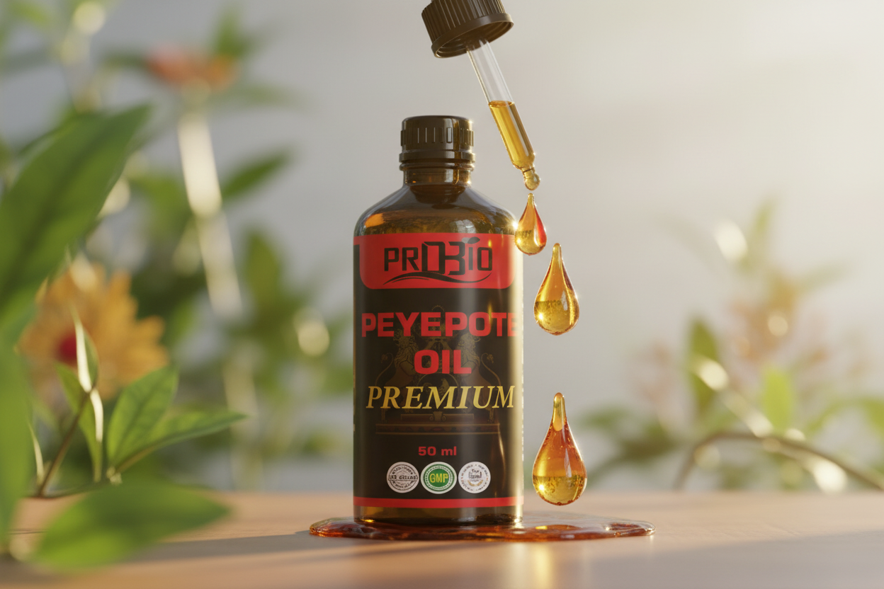 Close-up of PEYEPOTE oil bottle with glistening drops