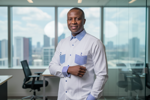 Confident man wearing Royabel shirt in business setting