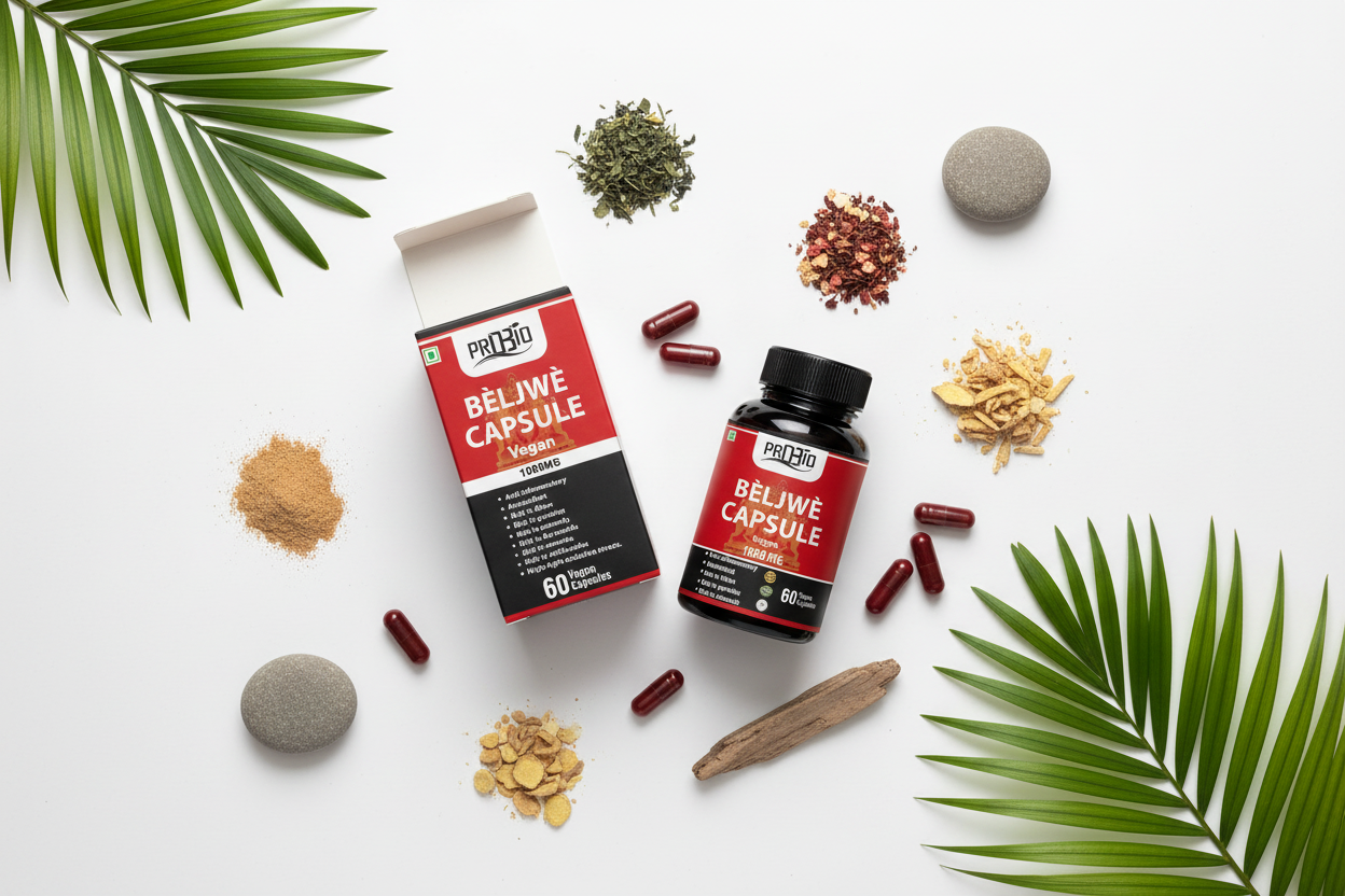 Elegant flat lay with BÈLJWÈ packaging and capsules