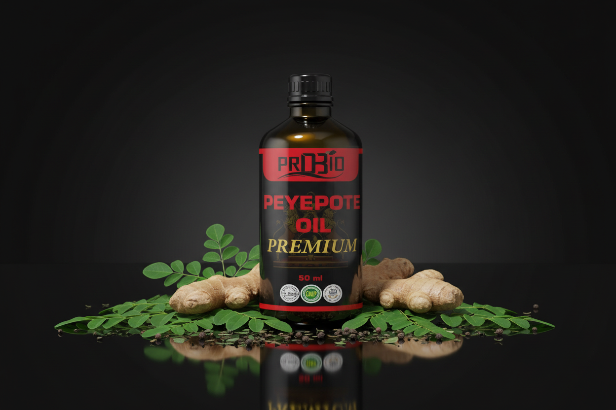 PEYEPOTE oil with botanical ingredients display