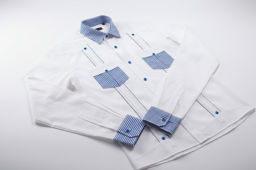 Royabel white shirt with blue striped details on display